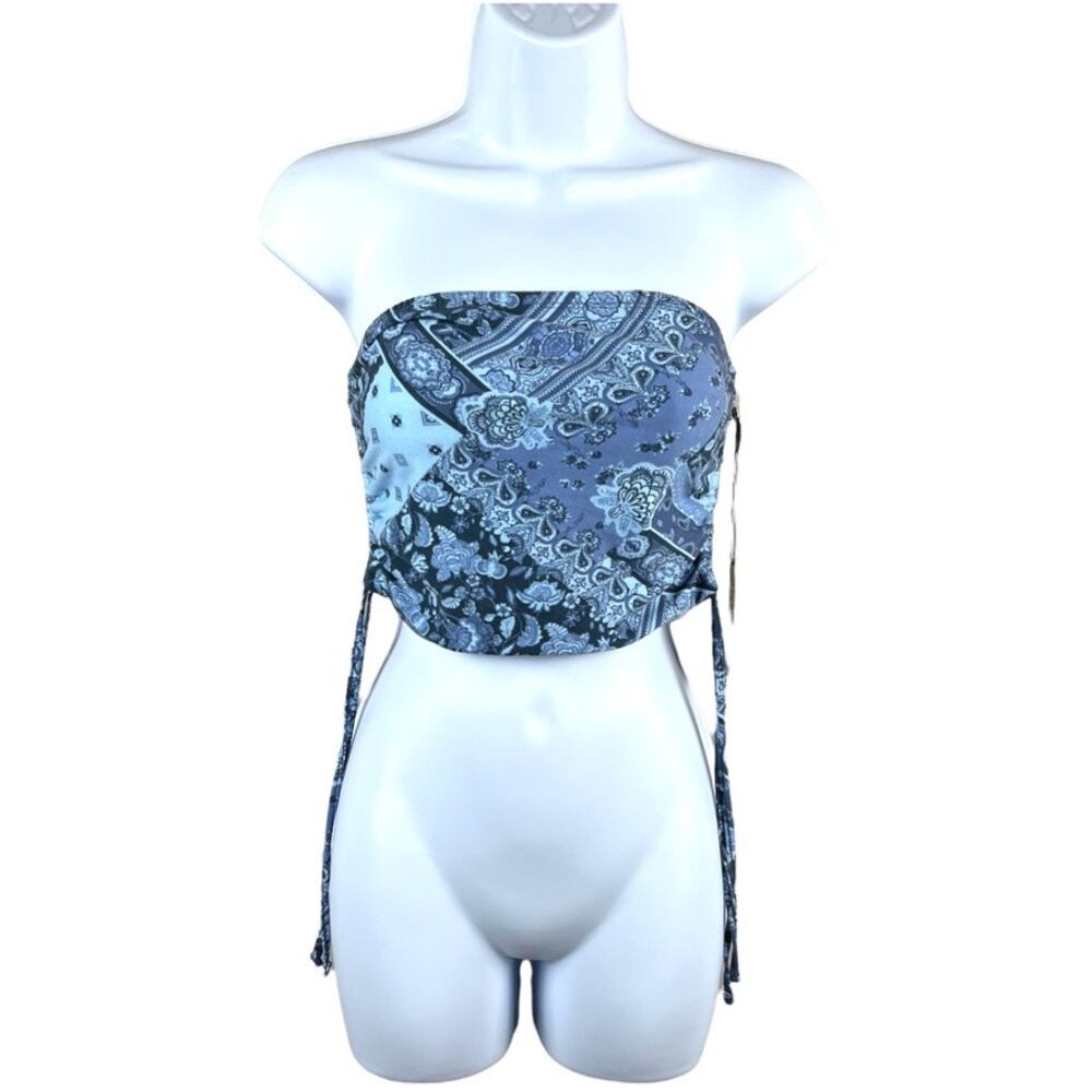 Faded Rose Tube Top Blue Bandana Printed Strapless Side Cinch‎ Tie NEW Women's M